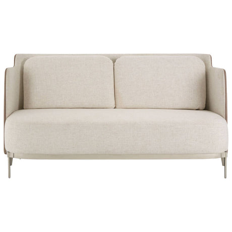 A two-seater sofa featuring a soft ivory fabric upholstery with a minimalist design, complemented by sleek mink-colored accents. The sofa has two plush back cushions and slender metal legs, creating a modern and elegant look suitable for various interior styles