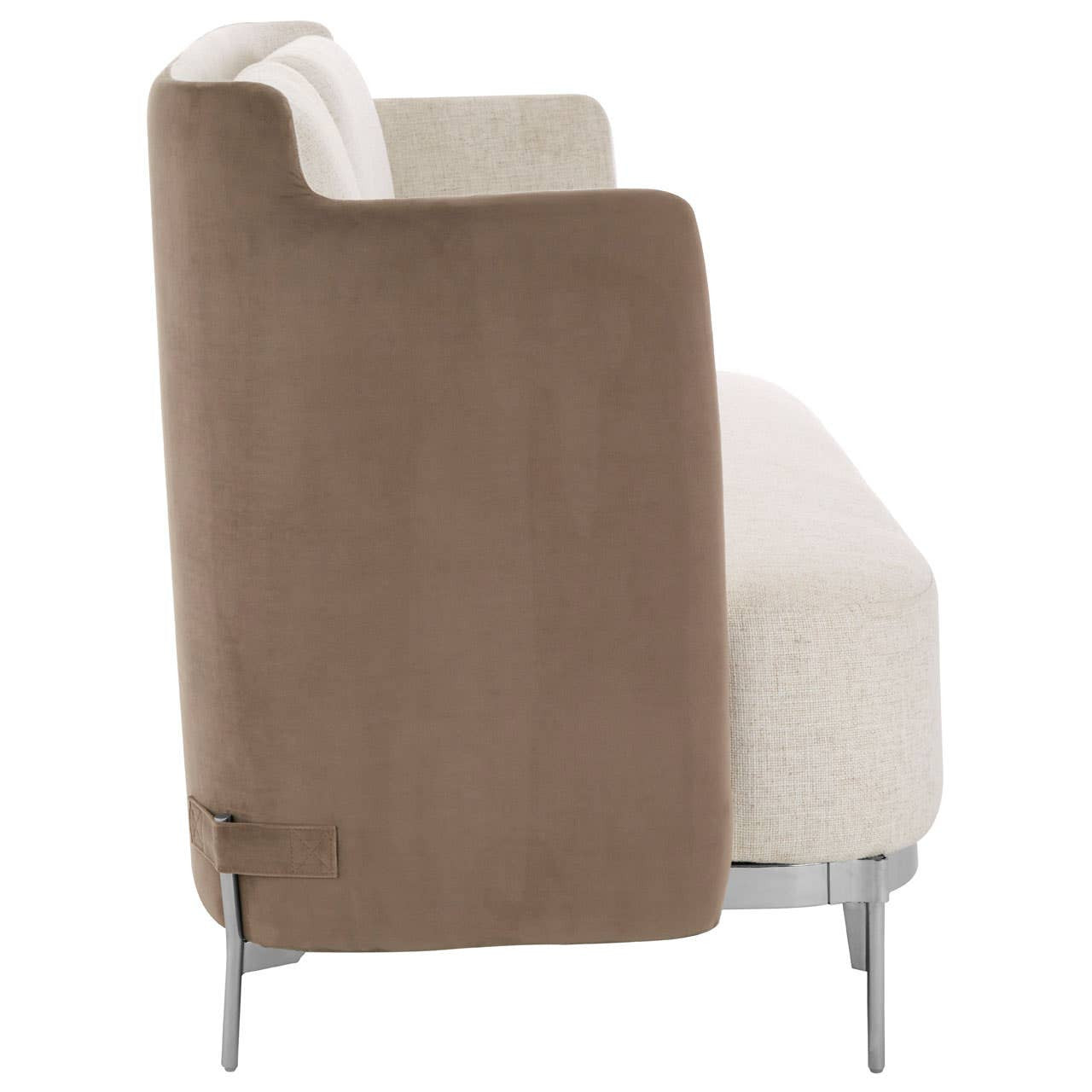Two-seater sofa featuring a combination of ivory and mink upholstery, with a sleek design and modern metal legs. The backrest is upholstered in mink fabric, while the seat and back cushions are in a soft ivory color