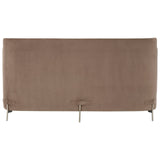 Two-seater sofa featuring a soft ivory and mink color scheme, with a plush fabric upholstery. The sofa has a sleek, modern design with clean lines and subtle stitching details. It is supported by slender, metallic legs that add a contemporary touch. The overall appearance is elegant and inviting, suitable for various interior styles
