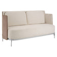 Two-seater sofa featuring a soft ivory fabric seat and backrest, complemented by mink-colored side panels. The sofa has a sleek, modern design with a rounded front and slender metal legs