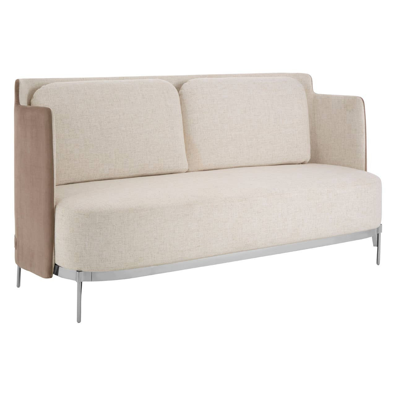 Two-seater sofa featuring a soft ivory fabric seat and backrest, complemented by mink-colored side panels. The sofa has a sleek, modern design with a rounded front and slender metal legs