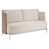 Two-seater sofa featuring a soft ivory fabric seat and backrest, complemented by mink-colored side panels. The sofa has a sleek, modern design with a rounded front and slender metal legs