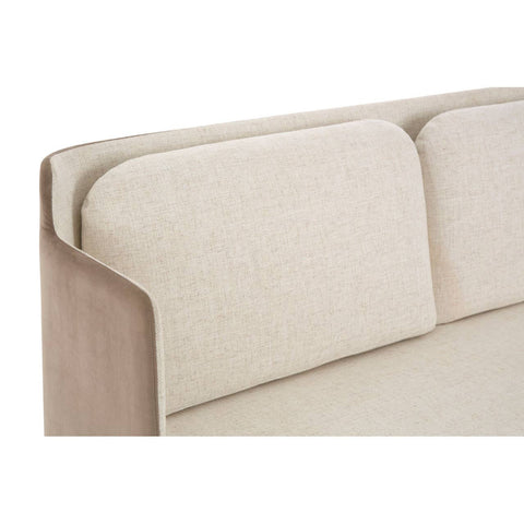 Ivory and mink two-seater sofa featuring a sleek design with a soft, textured fabric upholstery and a minimalist wooden frame. The backrest has a contemporary shape with rounded edges, providing a modern aesthetic suitable for various interior styles