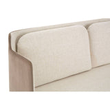 Ivory and mink two-seater sofa featuring a sleek design with a soft, textured fabric upholstery and a minimalist wooden frame. The backrest has a contemporary shape with rounded edges, providing a modern aesthetic suitable for various interior styles