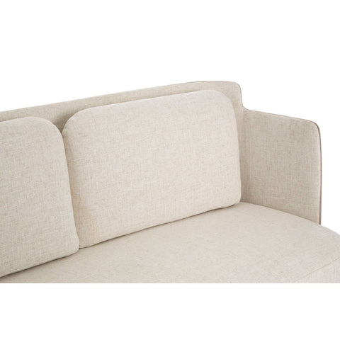 Ivory and mink two-seater sofa featuring a minimalist design with rounded back cushions and sleek armrests, upholstered in a soft fabric that complements modern decor