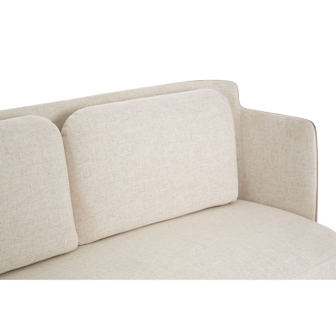 Ivory and mink two-seater sofa featuring a minimalist design with rounded back cushions and sleek armrests, upholstered in a soft fabric that complements modern decor