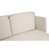 Ivory and mink two-seater sofa featuring a minimalist design with rounded back cushions and sleek armrests, upholstered in a soft fabric that complements modern decor