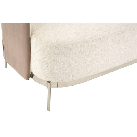The Piermount Ivory and Mink 2 Seater Sofa features a soft ivory fabric on the front and a contrasting mink-colored back. The sofa has a rounded, modern design with sleek metal legs that provide a contemporary touch. The overall aesthetic is minimalist and elegant, suitable for various interior styles