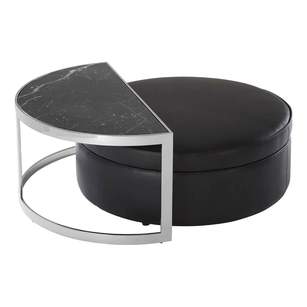 Black round ottoman with half-moon marble top and chrome frame, modern living room furniture