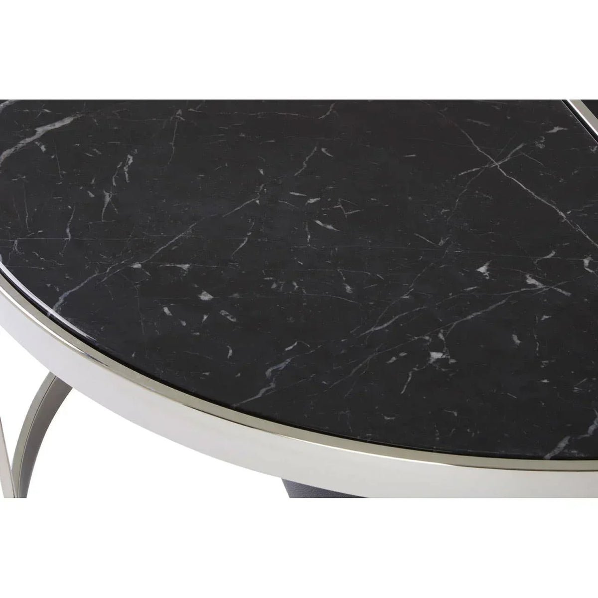 Black marble dining table top with chrome edge detail