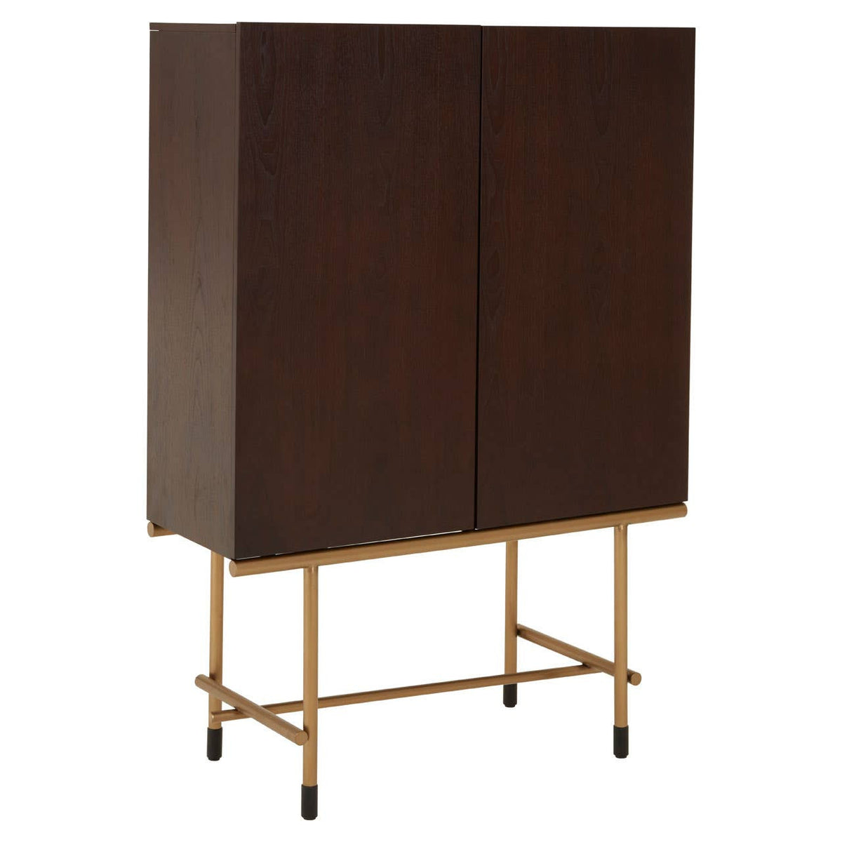 Walnut veneer drinks cabinet with a sleek, modern design featuring two doors and a gold-colored metal frame with four legs. The cabinet has a rich, dark finish that adds elegance to any space