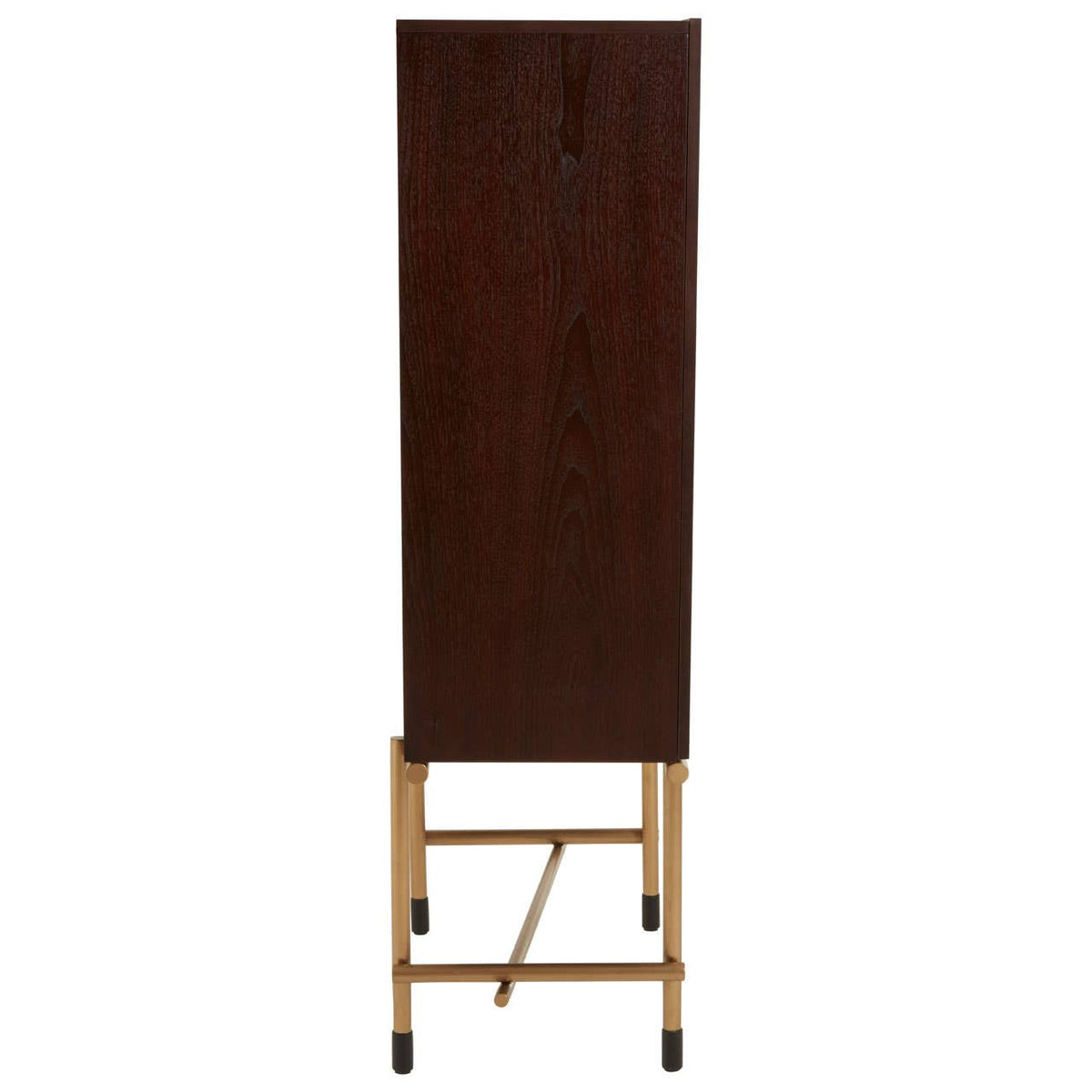 Tall drinks cabinet made of walnut veneer with a sleek, minimalist design, featuring a closed front and supported by a light-colored wooden base with a crossbar for stability
