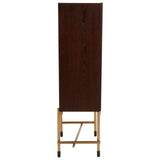 Tall drinks cabinet made of walnut veneer with a sleek, minimalist design, featuring a closed front and supported by a light-colored wooden base with a crossbar for stability