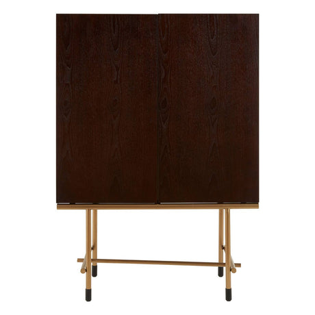 Walnut veneer drinks cabinet with a sleek, dark wood finish, featuring a minimalist design and supported by a sturdy gold-colored metal frame with wheels for mobility