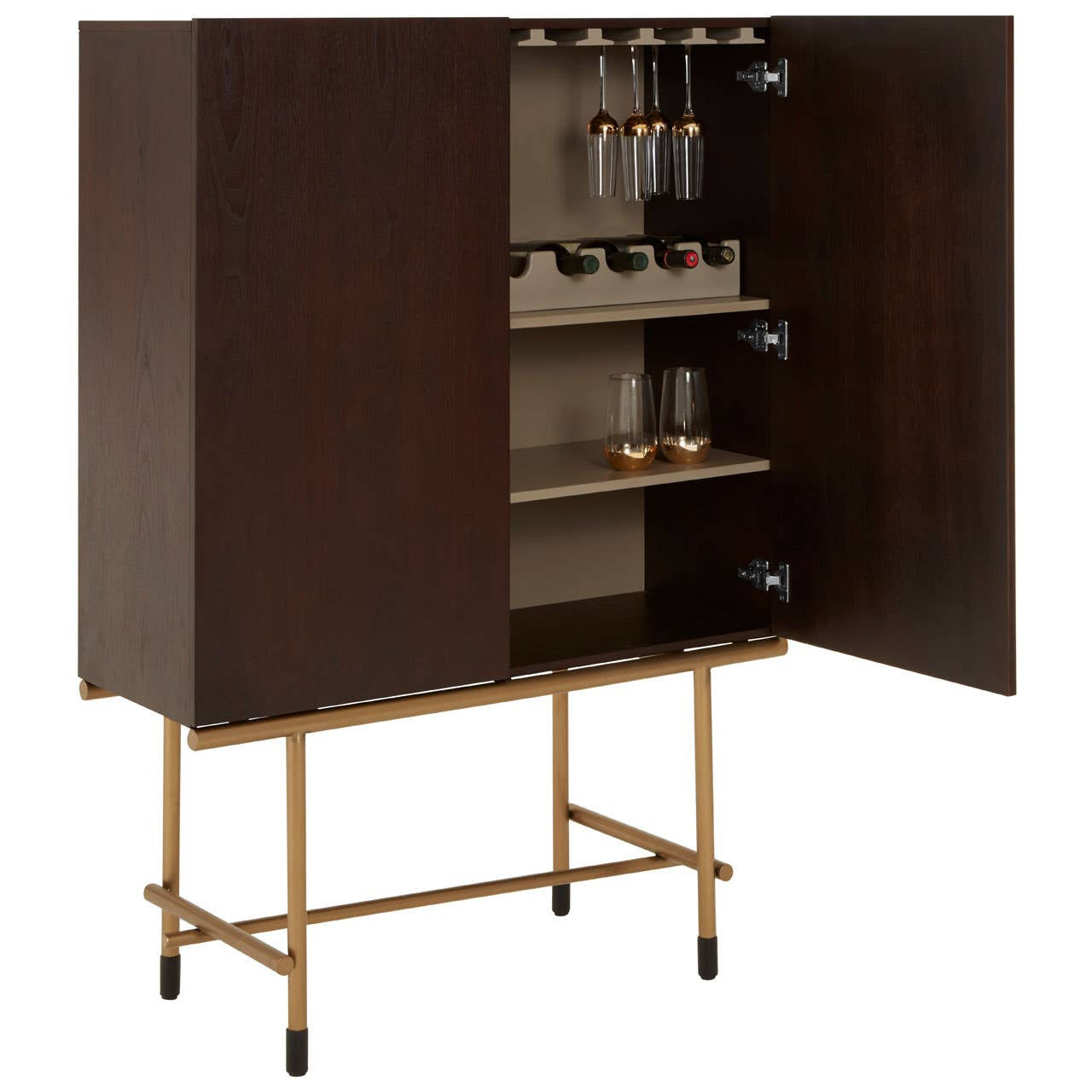 Walnut veneer drinks cabinet with two open doors revealing shelves and glass holders, supported by a gold metal frame with four legs. The cabinet features a rich dark wood finish and a modern design