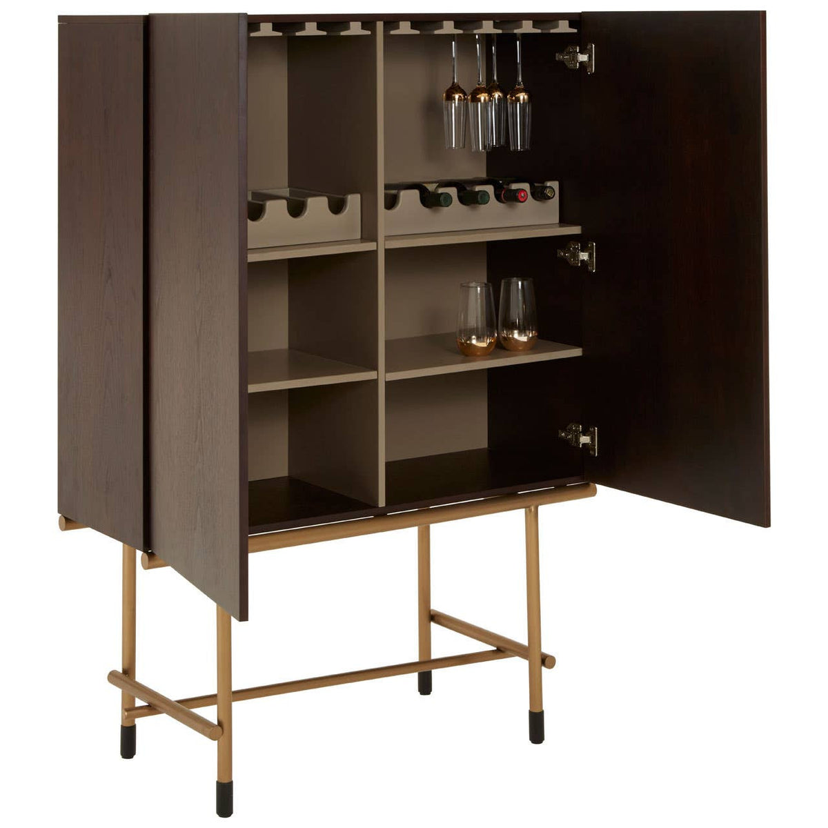 Walnut veneer drinks cabinet with two open doors, revealing multiple shelves and a wine rack. The cabinet features a sleek design with gold-colored legs and handles, providing a modern touch to home decor