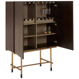 Walnut veneer drinks cabinet with two open doors, revealing multiple shelves and a wine rack. The cabinet features a sleek design with gold-colored legs and handles, providing a modern touch to home decor