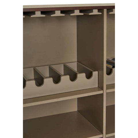 Walnut veneer drinks cabinet featuring multiple wine bottle slots and hanging glass holders, with a sleek and modern design. The interior is spacious, showcasing a neutral color palette that complements the wood finish