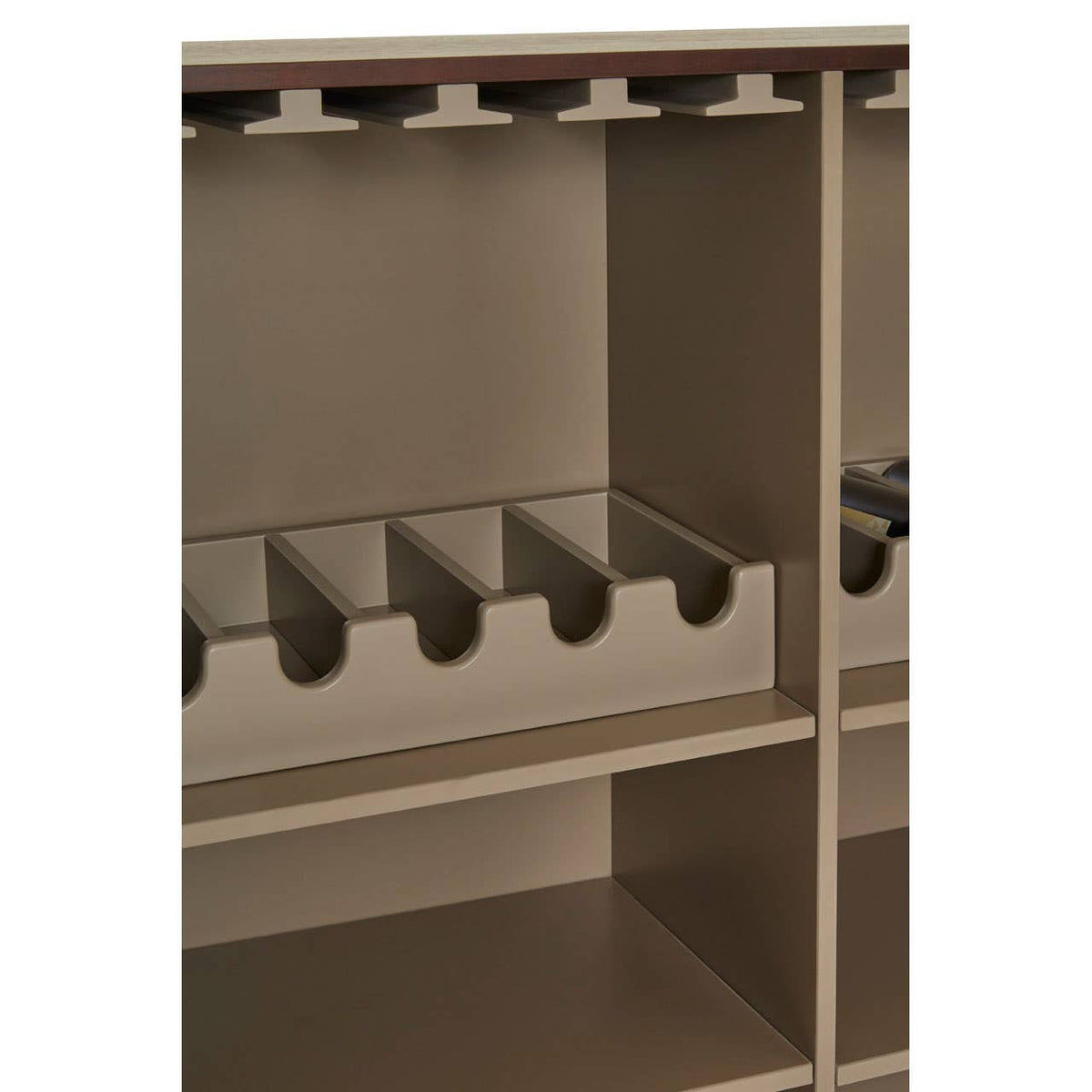 Walnut veneer drinks cabinet featuring multiple wine bottle slots and hanging glass holders, with a sleek and modern design. The interior is spacious, showcasing a neutral color palette that complements the wood finish