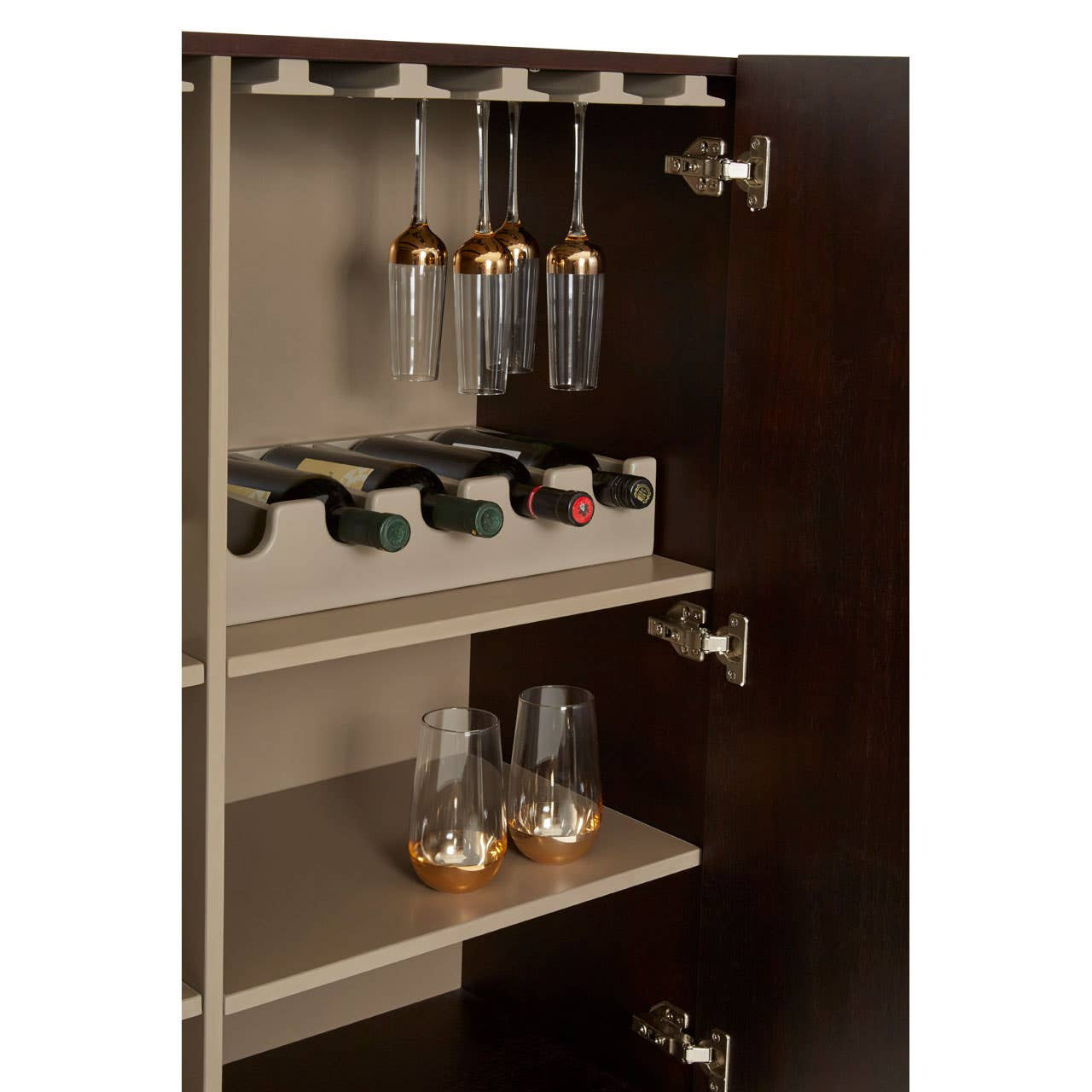 Walnut veneer drinks cabinet featuring a sleek design with a dark finish, showcasing wine bottles on the bottom shelf and hanging glassware on the upper section. The interior includes a light-colored backing that contrasts with the dark wood, enhancing the overall aesthetic