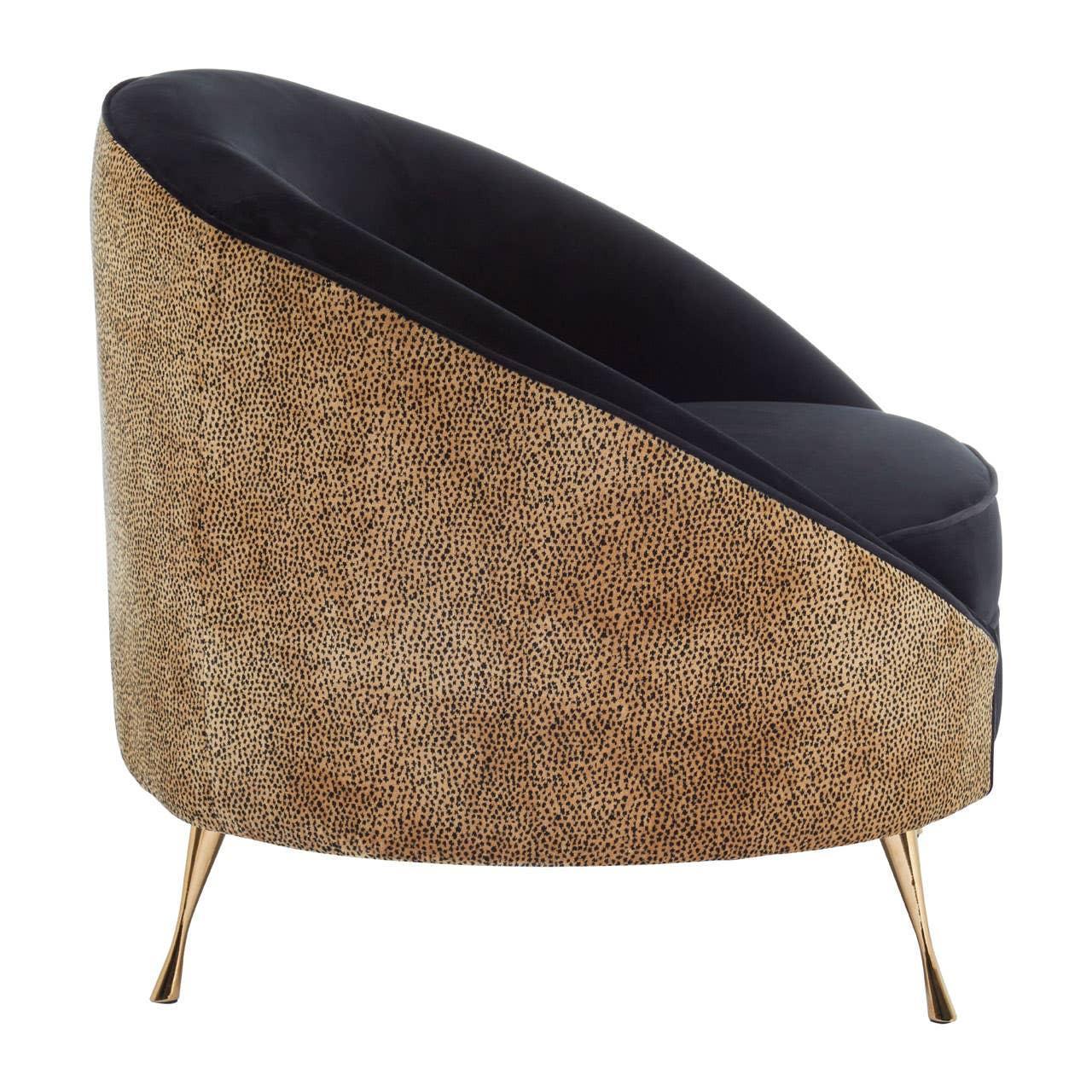 Curved accent chair with gold speckled upholstery, black seat and slim gold legs