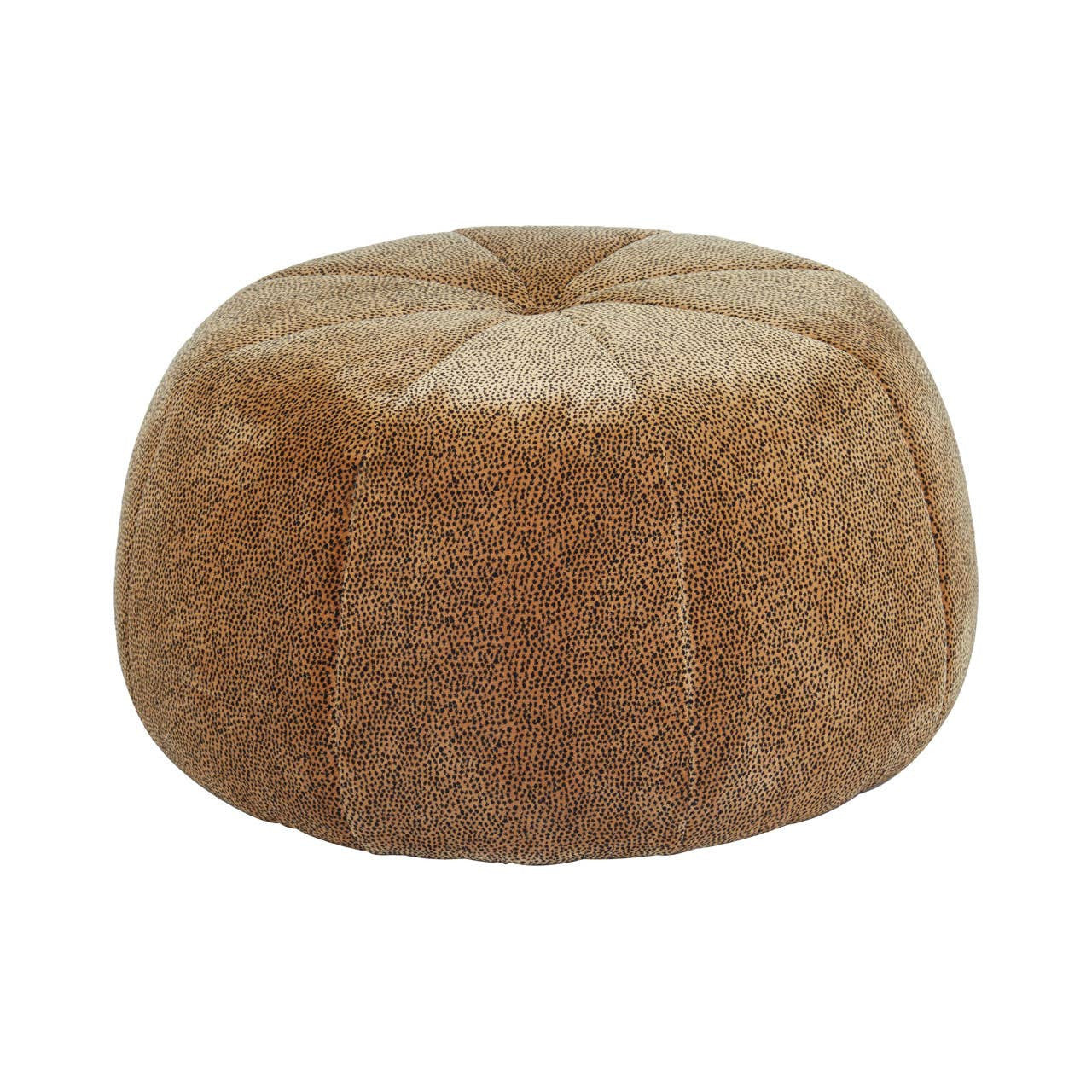 Round pouffe featuring a leopard print design in shades of brown and tan, with a tufted top and a soft, textured surface