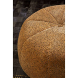 Round pouffe featuring a textured leopard print design in shades of brown and tan, with a tufted top and a soft, plush surface. The background is a dark, woven material that contrasts with the pouffe's color