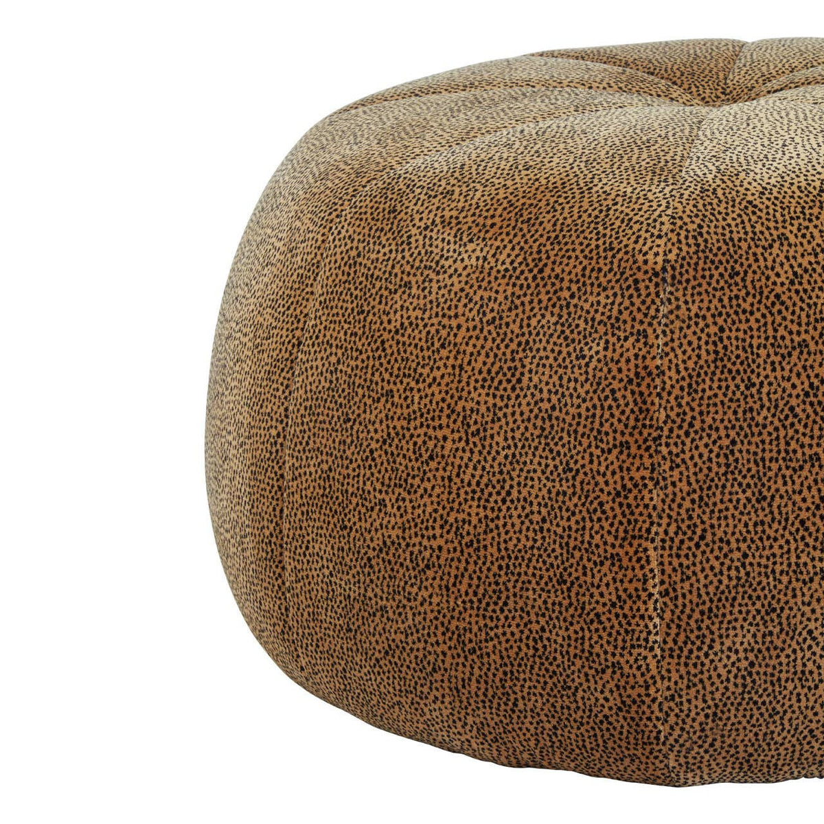 Round pouffe featuring a leopard print design in shades of brown and tan, with a soft, textured surface and a tufted top