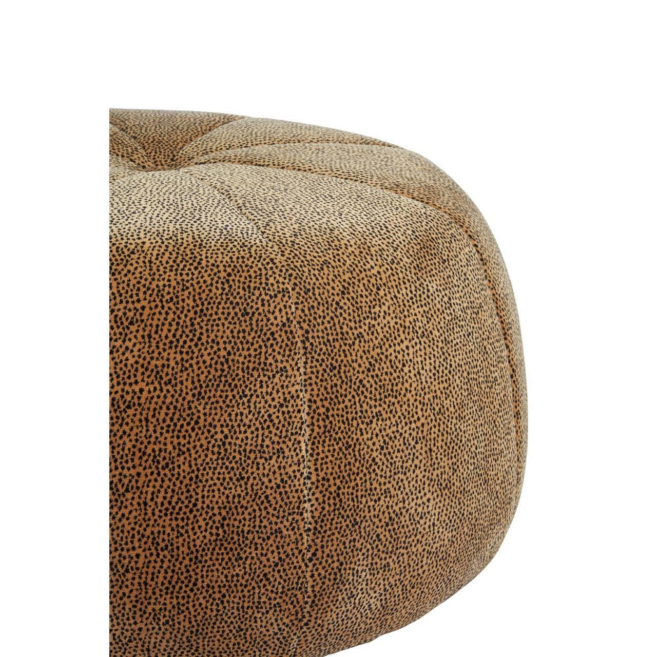 A close-up view of a round pouffe featuring a leopard print pattern in shades of brown and tan, with a tufted design on the top and a smooth, rounded edge