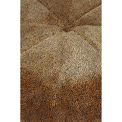 Leopard print pouffe featuring a textured surface with a gradient of brown tones, showcasing a geometric pattern and a tufted design at the center