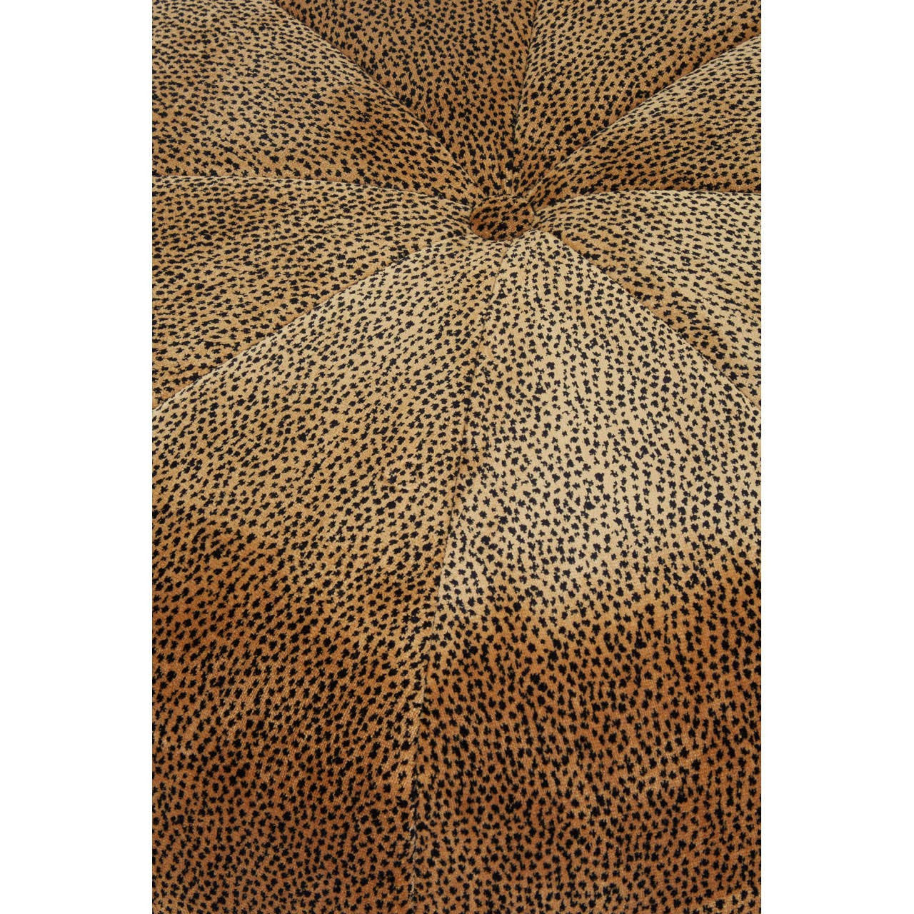 Leopard print pouffe featuring a textured surface with a gradient of brown tones, showcasing a geometric pattern and a tufted design at the center