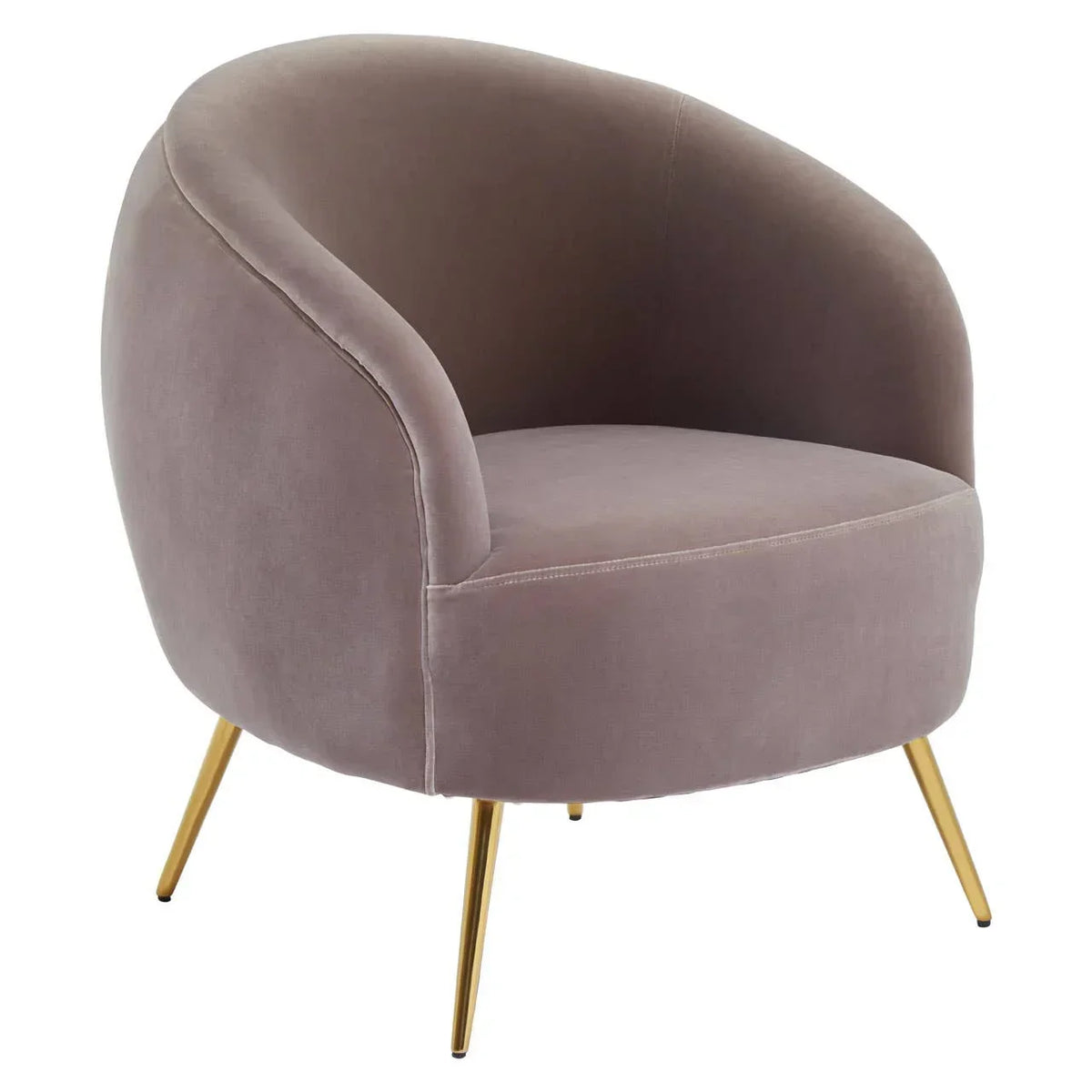 Taupe velvet accent chair with gold metal legs and curved backrest, angled front view