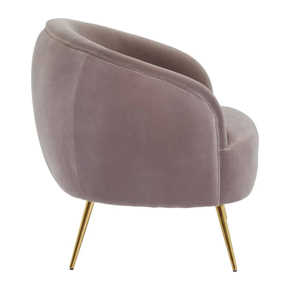 Mauve velvet accent chair with curved back and slim gold metal legs, side view