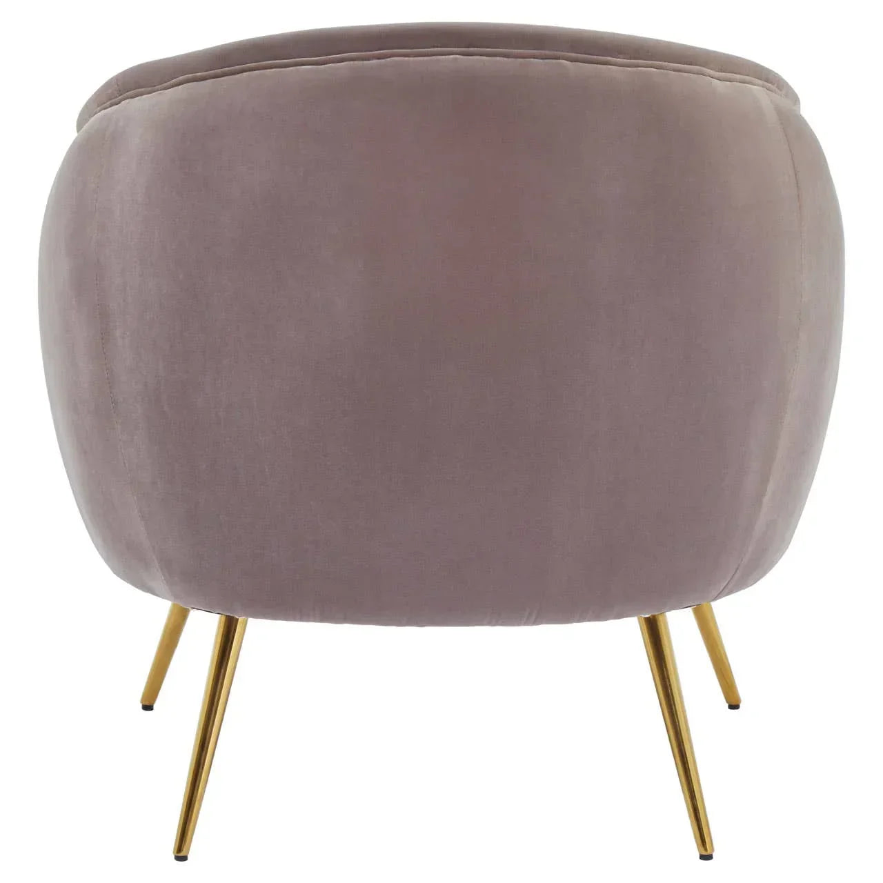 Velvet accent chair in blush pink with gold metal legs, rear view