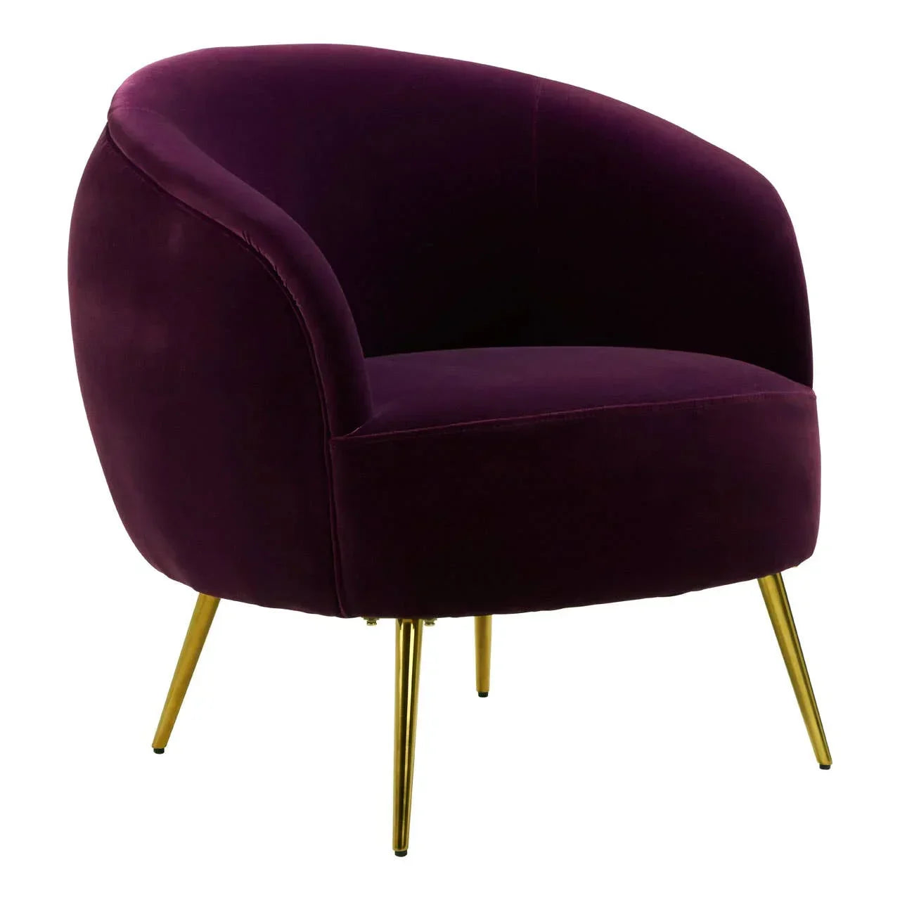 Plum velvet accent chair with rounded backrest and gold metal legs