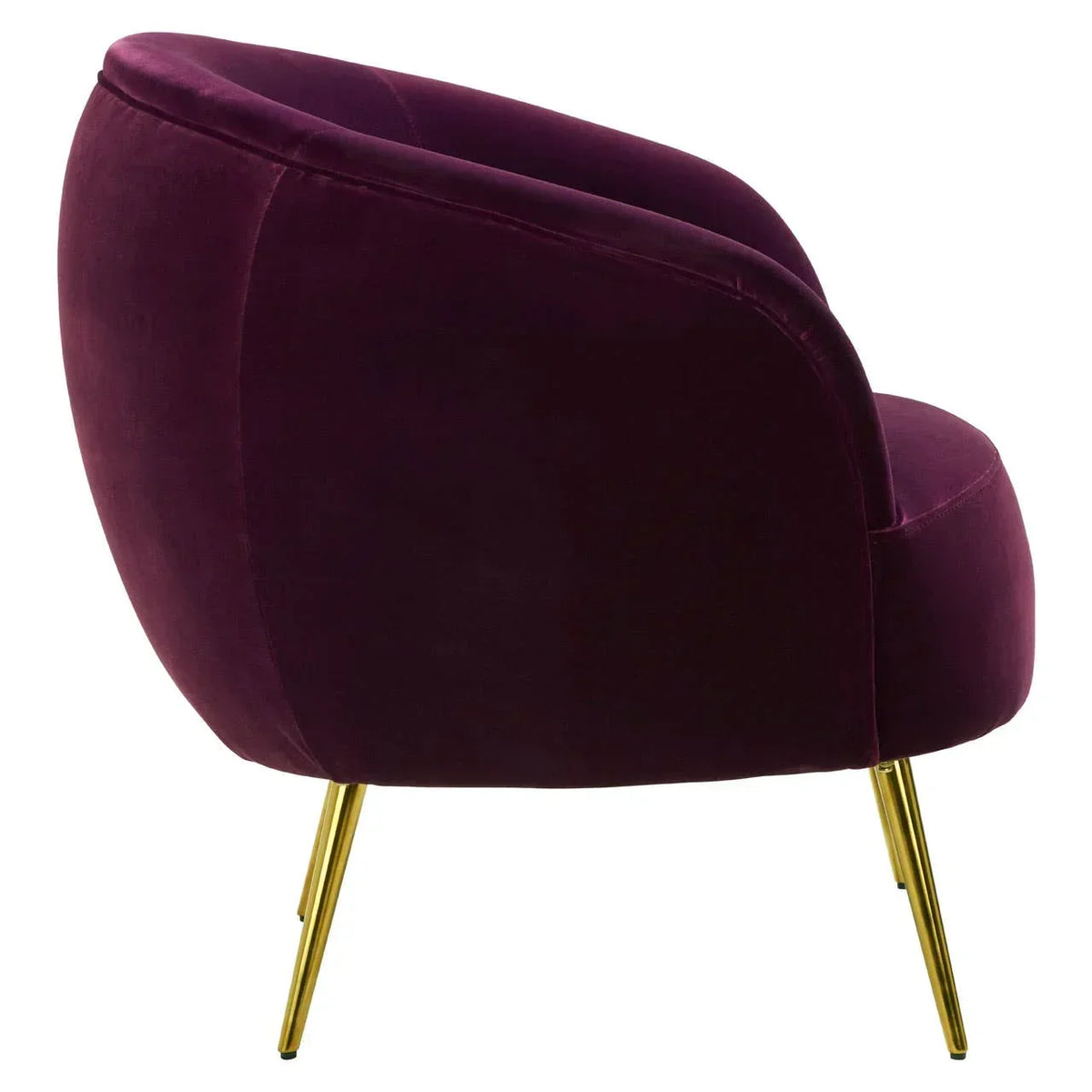 Purple velvet accent chair with gold metal legs, side angle view