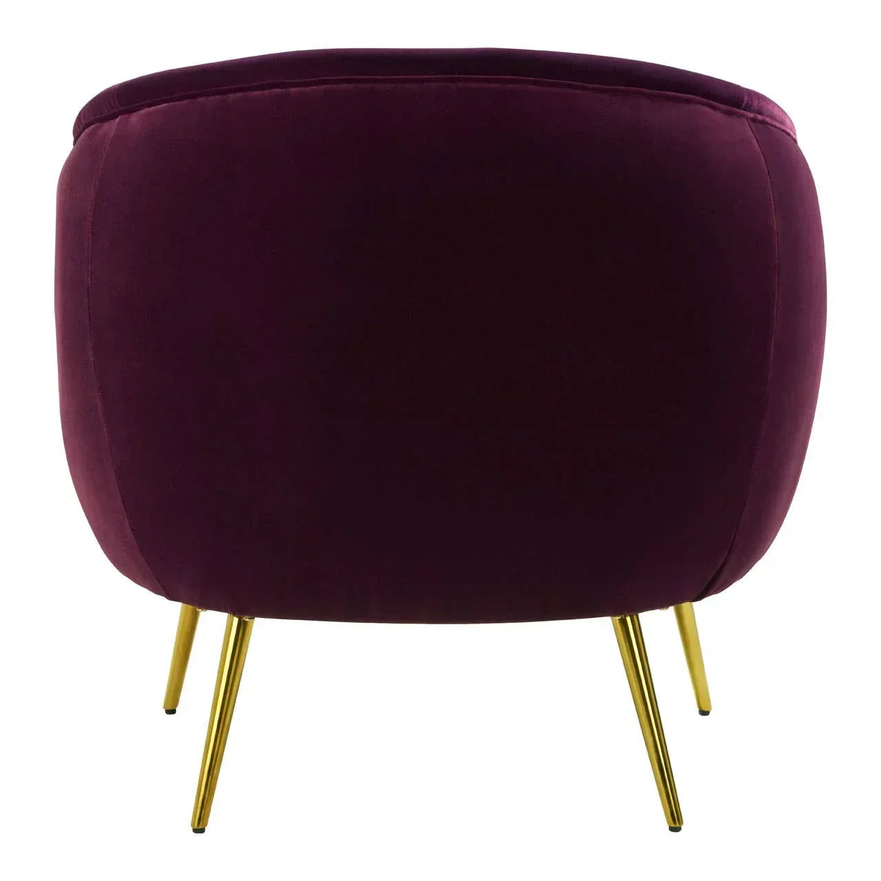 Velvet accent chair in plum with gold metal legs, rear view