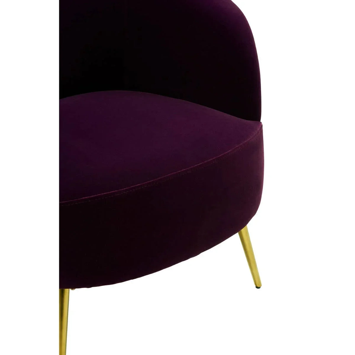 Plum velvet accent chair with curved backrest and slim gold metal legs