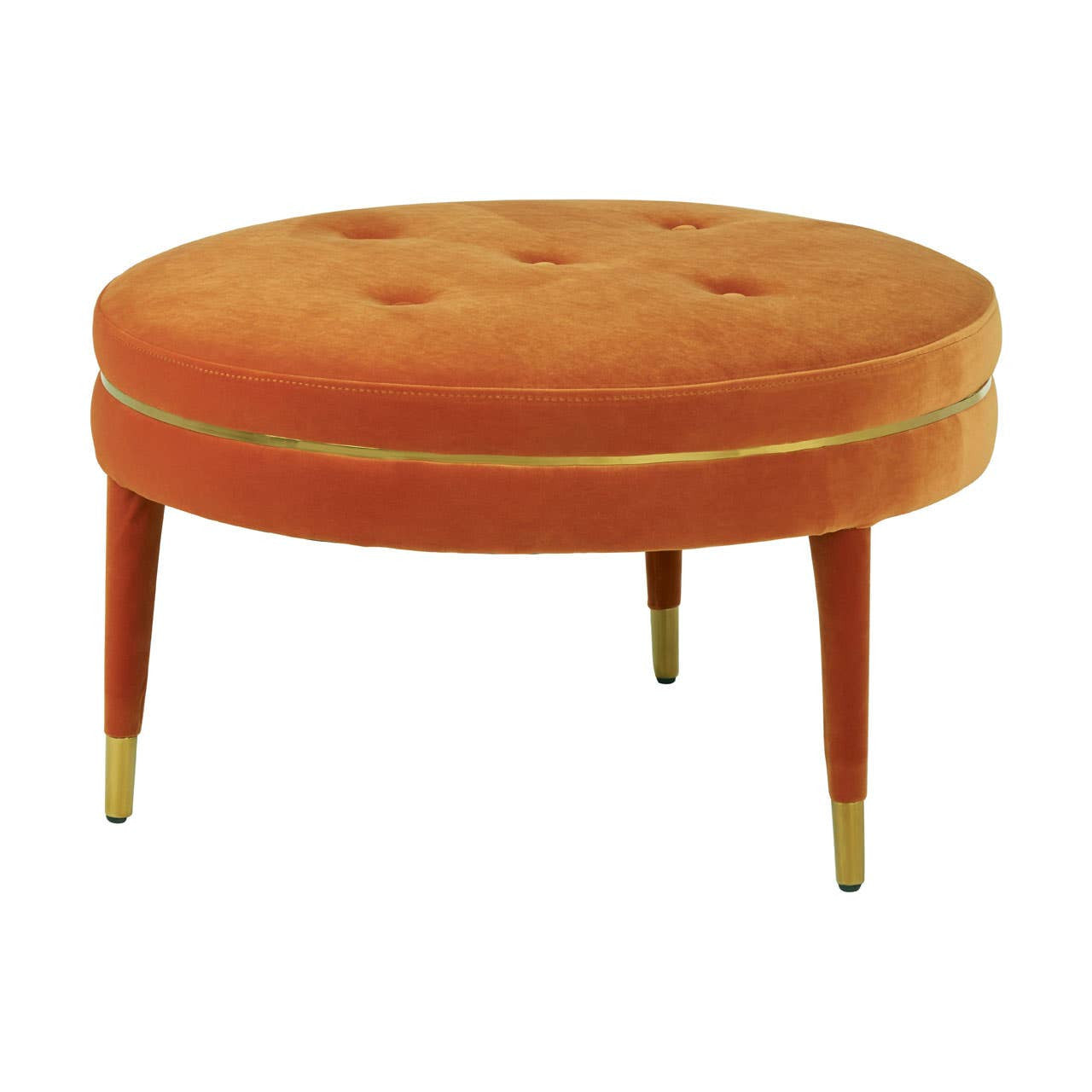Round footstool upholstered in vibrant orange velvet, featuring a tufted top and four wooden legs with gold accents