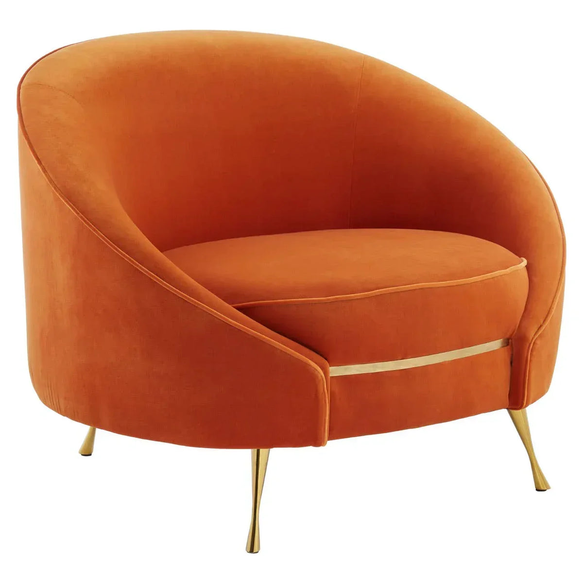 Orange velvet accent chair with curved back and gold legs