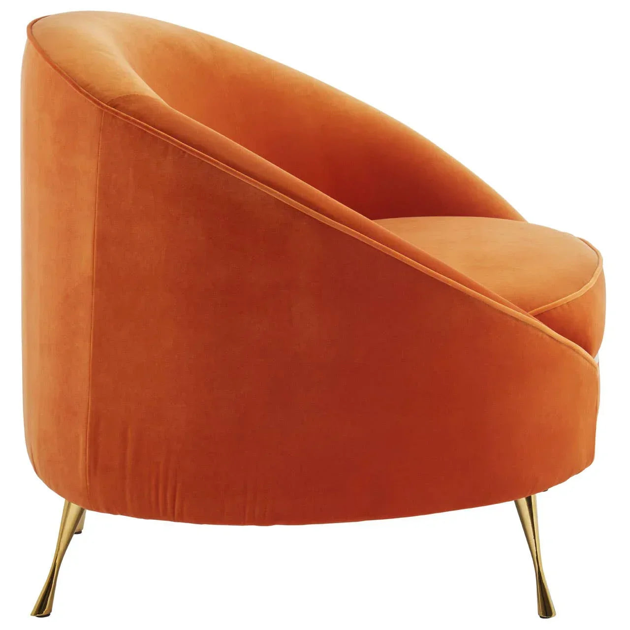 Curved orange velvet accent chair with gold tapered legs, side view
