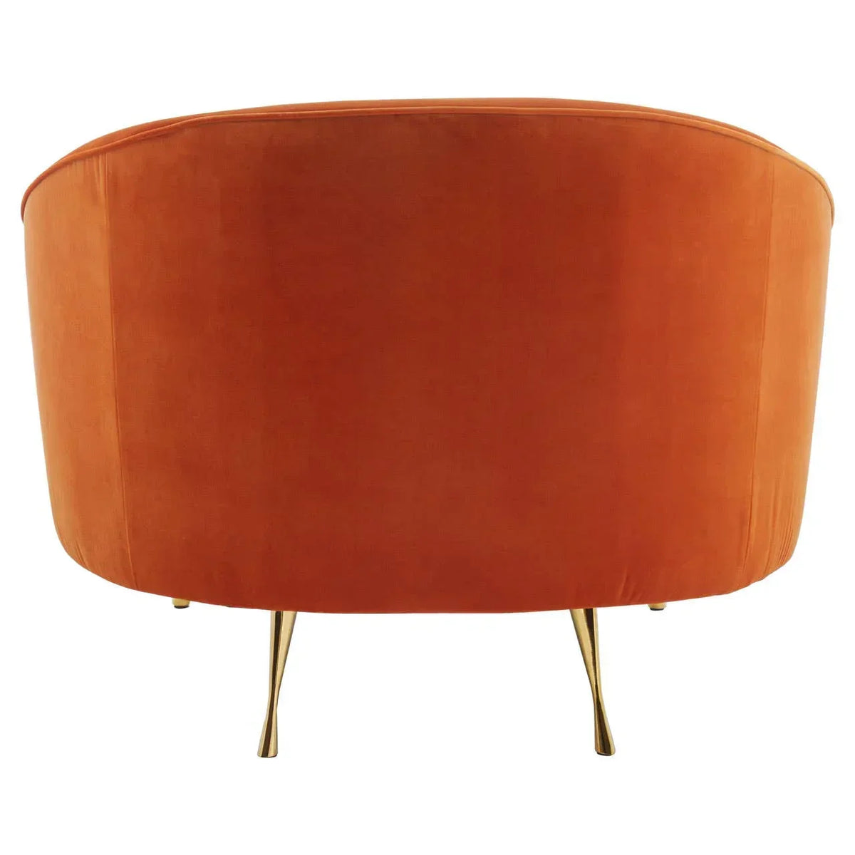 Back view of orange velvet accent chair with gold metal legs