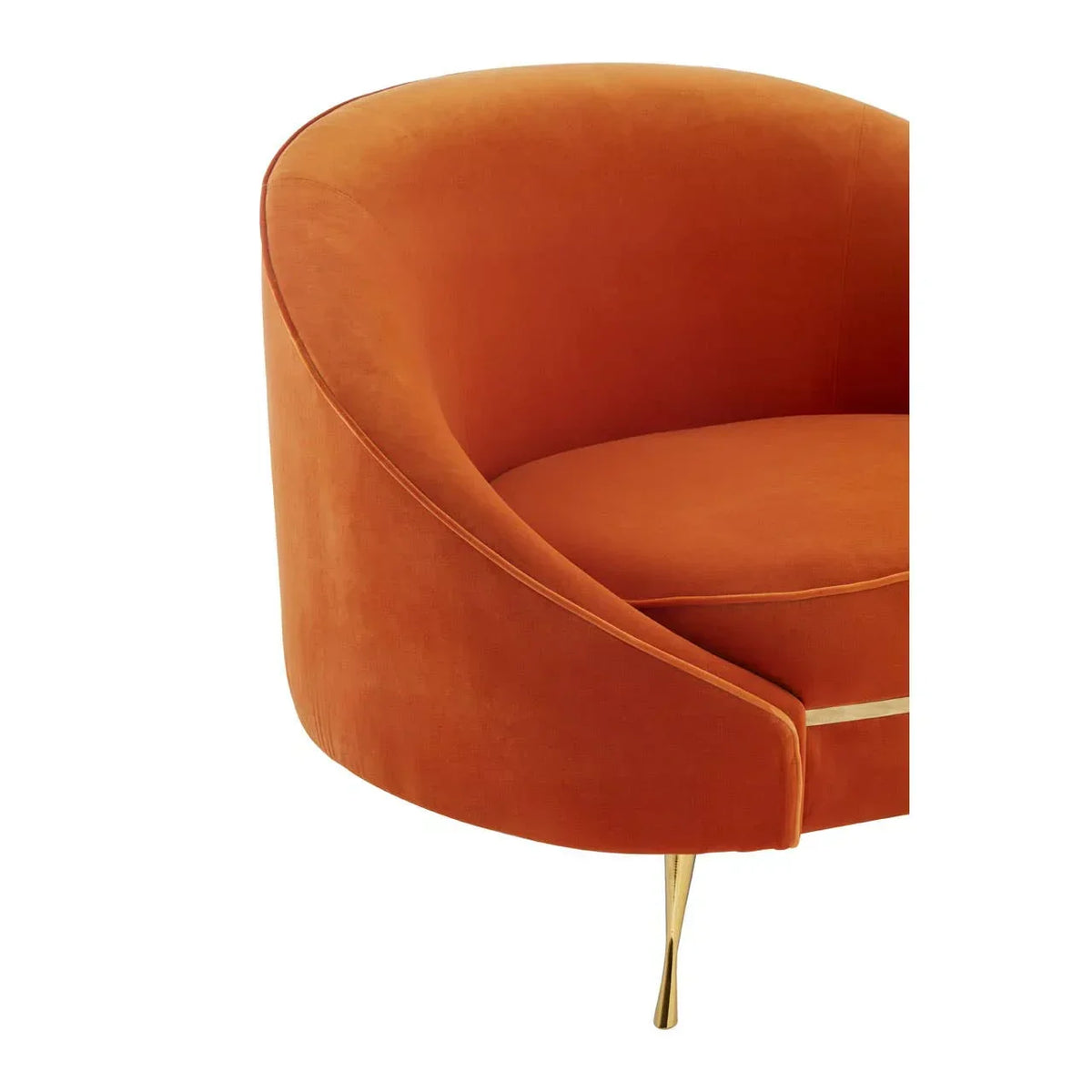 Curved orange velvet armchair with gold metal leg, close-up of seat and side