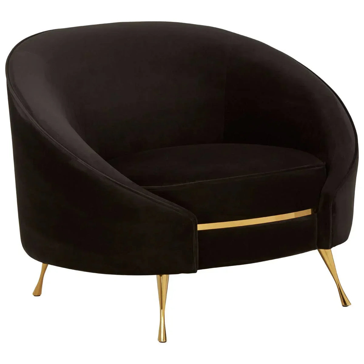 Black velvet accent chair with gold legs and curved backrest