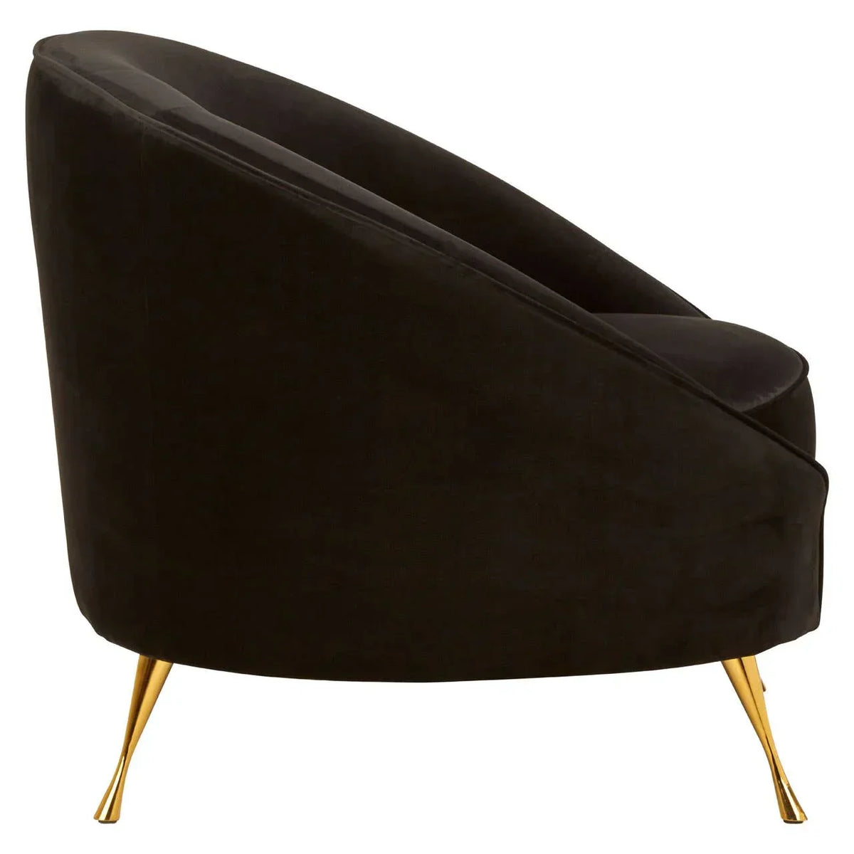 Black velvet accent chair with curved backrest and gold metal legs, side profile view