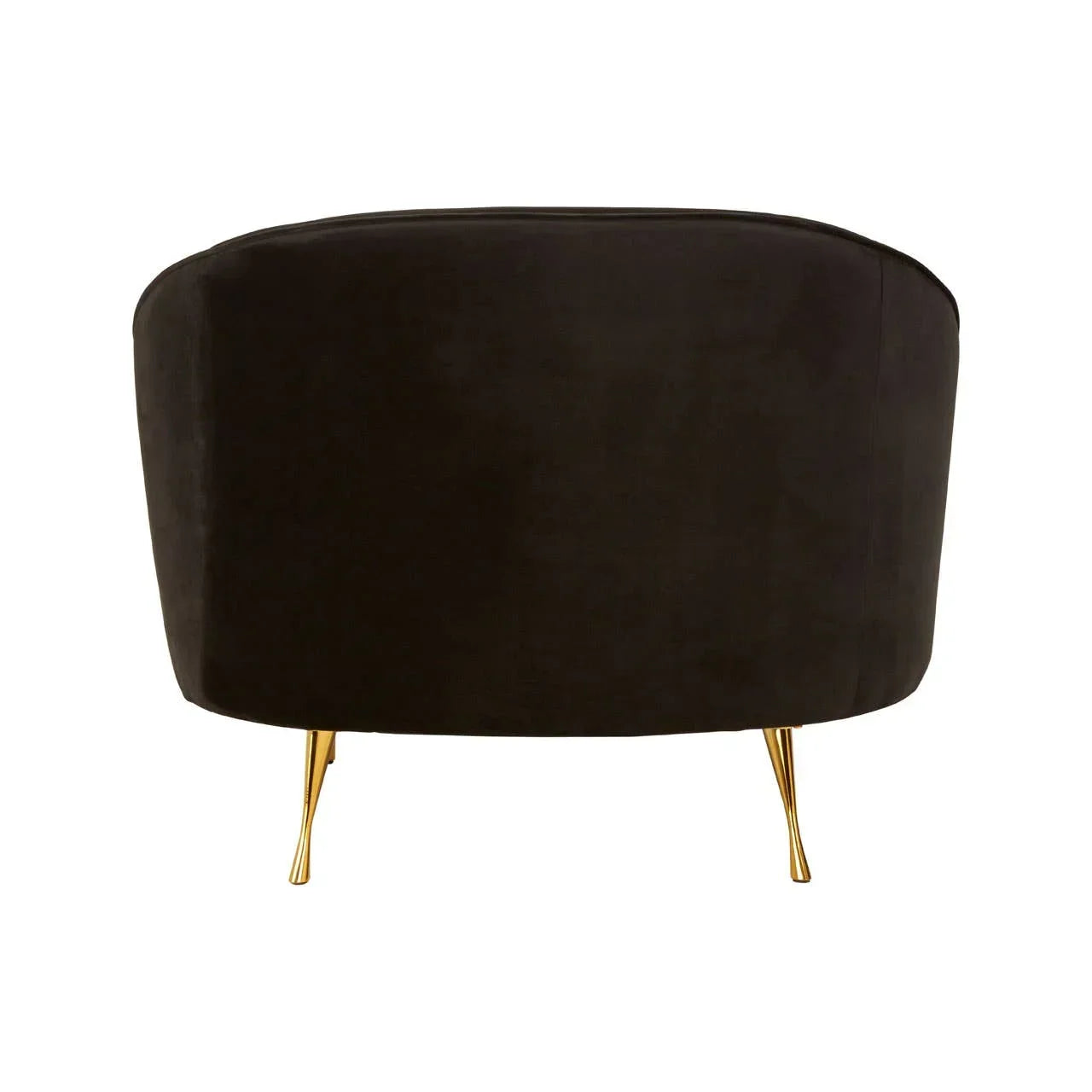 Black velvet accent chair with curved back and gold metal legs, rear angle view