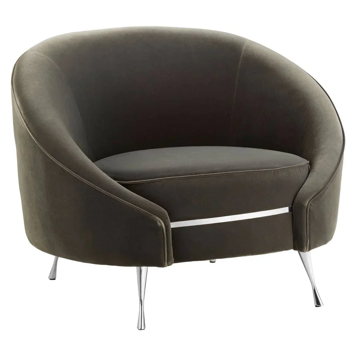Dark grey velvet armchair with curved back and chrome legs, front angle view