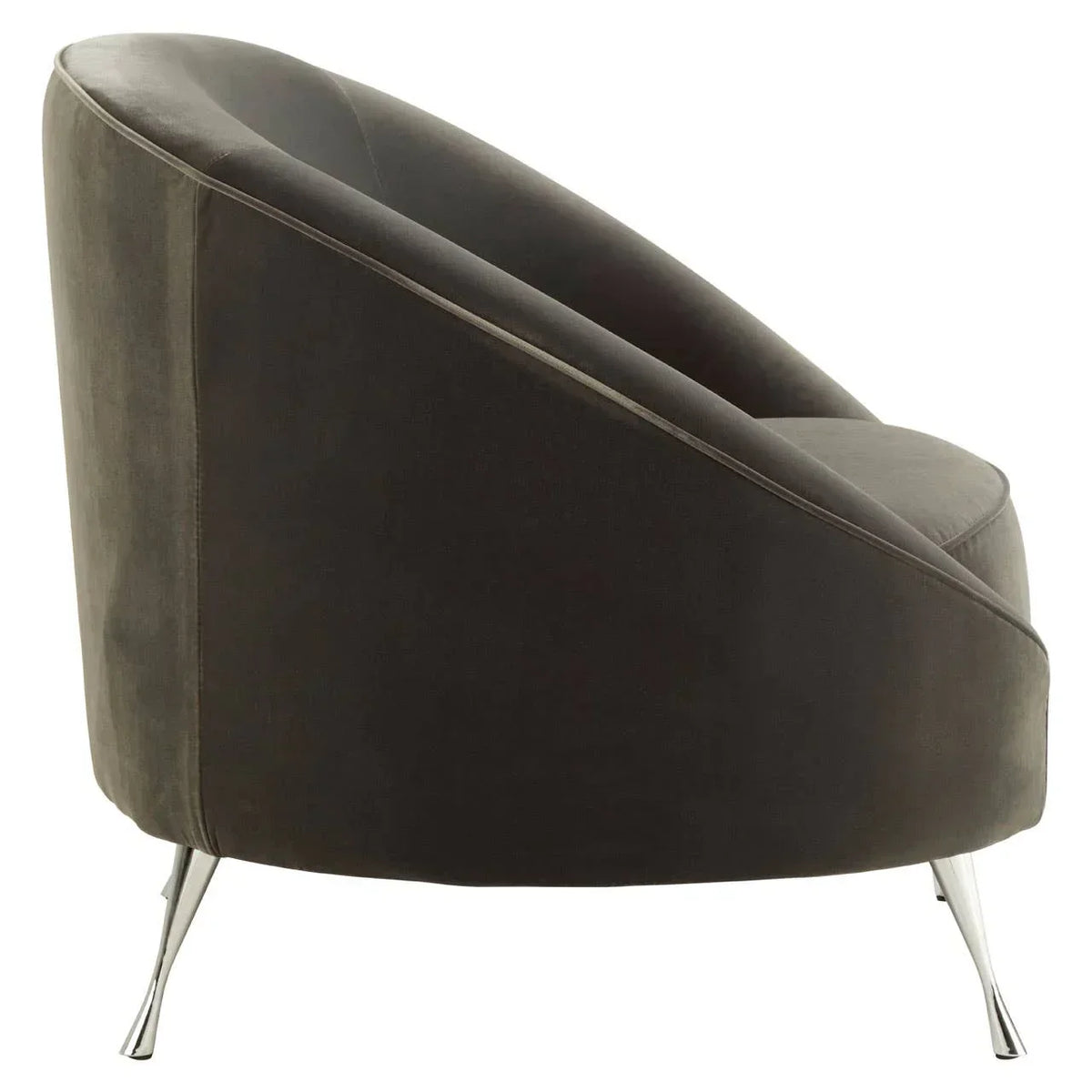 Dark grey velvet accent chair with curved back and chrome legs, side view