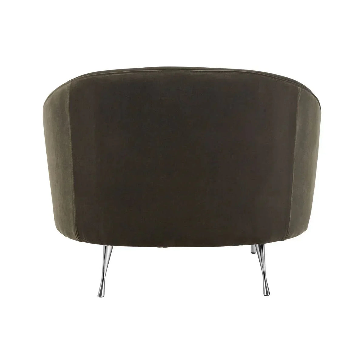 Back view of dark green velvet armchair with chrome legs