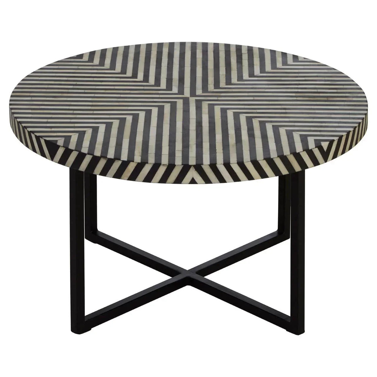 Round coffee table with black and white geometric patterned top and black metal legs
